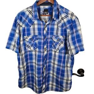 Men's 2XL XXL Button Up Blue Plaid Short Sleeved Shirt EUC Various Artists